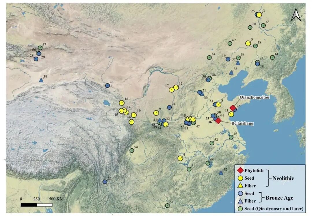 中国新石器时代至历史时期大麻遗存分布