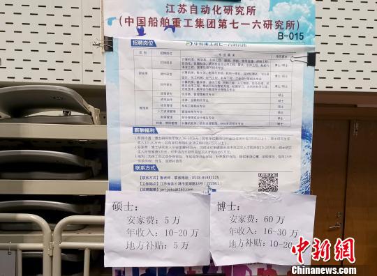 在江苏自动化研究所招聘海报前，两张印着放大版“硕士安家费5万元”“博士安家费60万元”的A4纸吸引了众多毕业生的注意。　郝学娟 摄